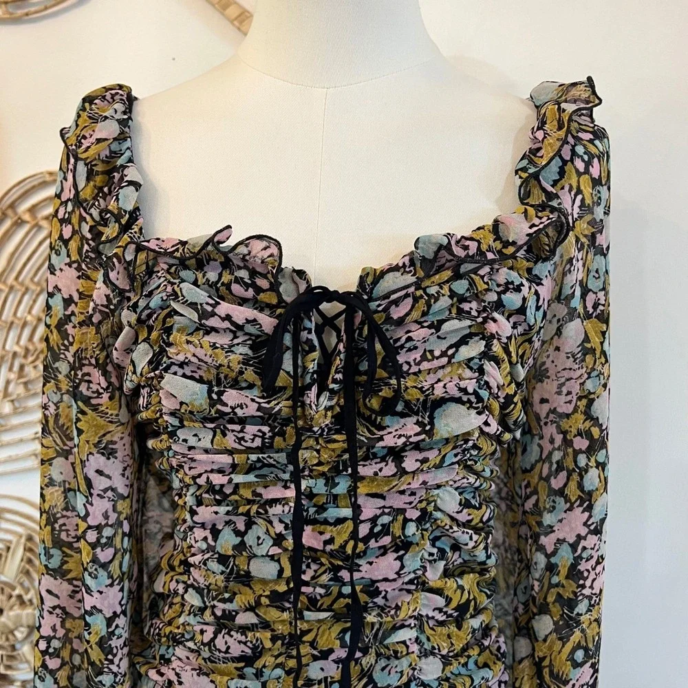 Free People Multicolor Floral Mable Ruched Smocked Blouse Boho Ballon Sleeves XS